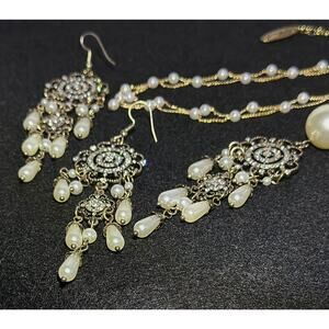 Plunder Gold Tone Faux Pearl Rhinestone Necklace & Chandelier Earrings Set
